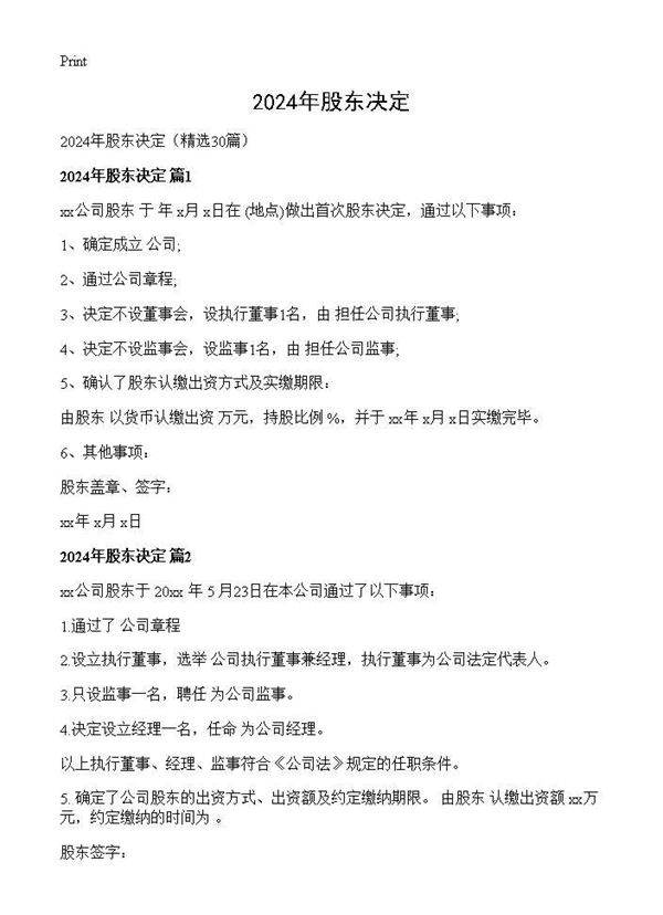 2024年股东决定30篇