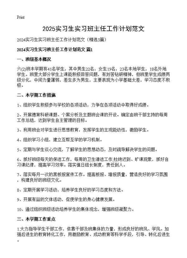 2024实习生实习班主任工作计划范文3篇