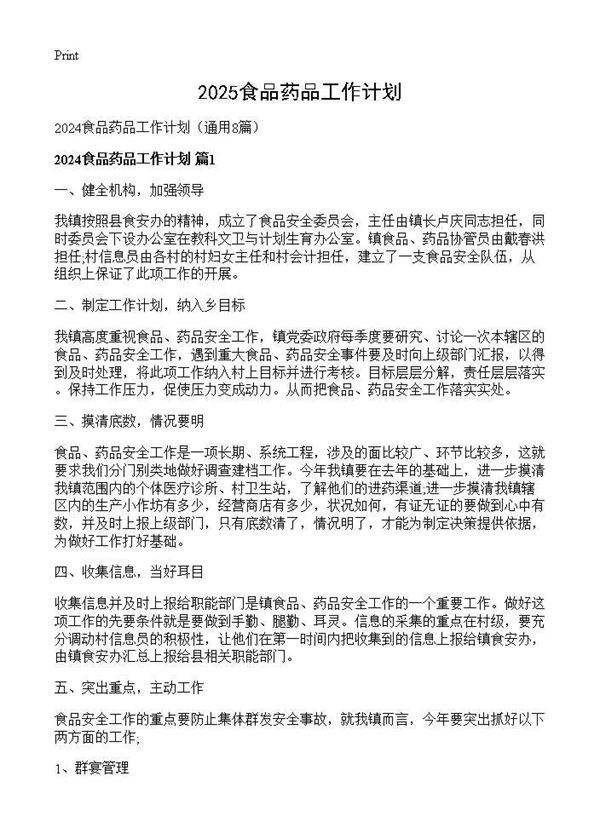 2024食品药品工作计划8篇