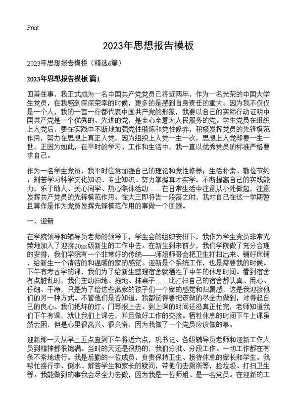 2025年思想报告模板6篇