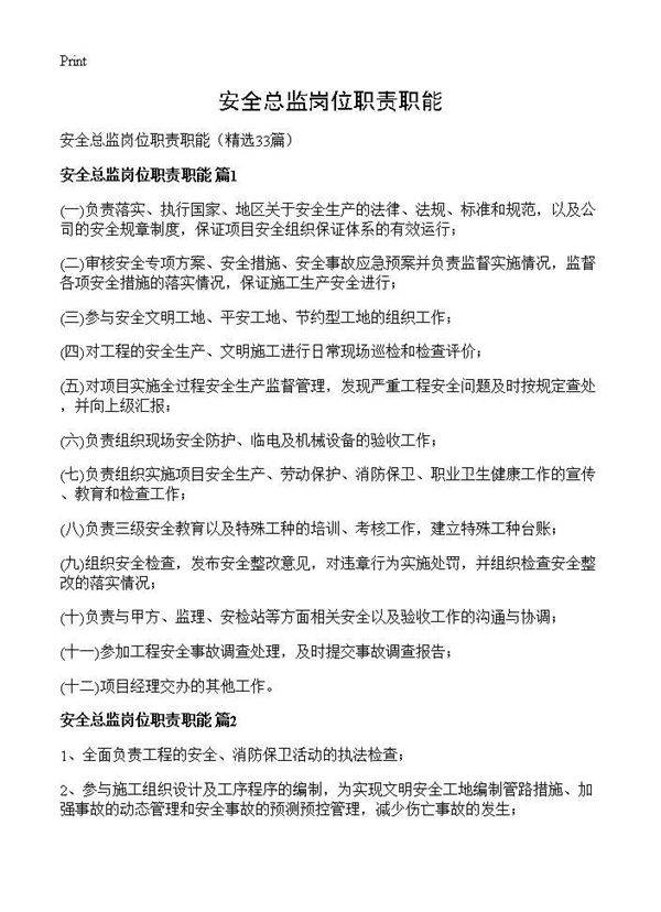 安全总监岗位职责职能33篇