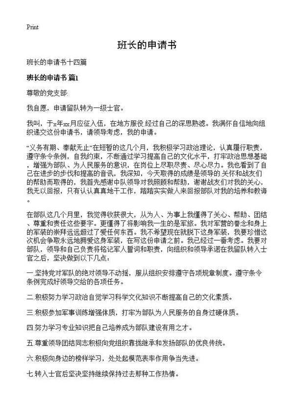 班长的申请书