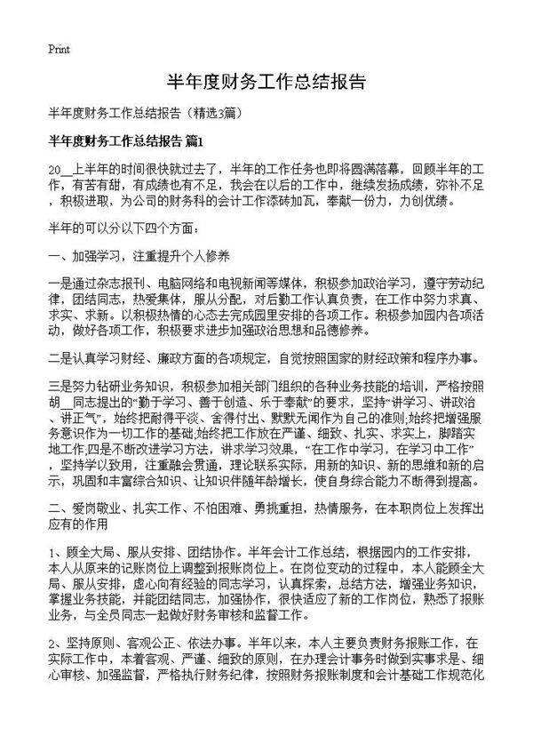 半年度财务工作总结报告3篇