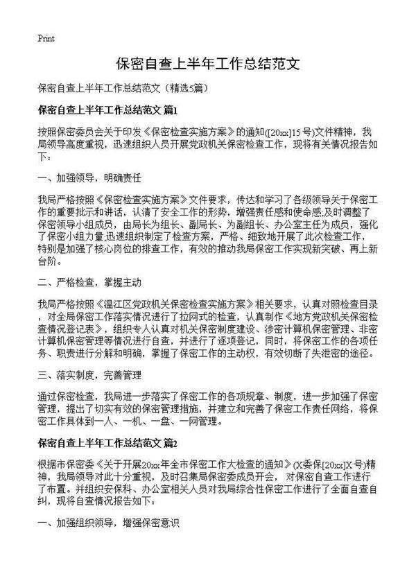 保密自查上半年工作总结范文5篇