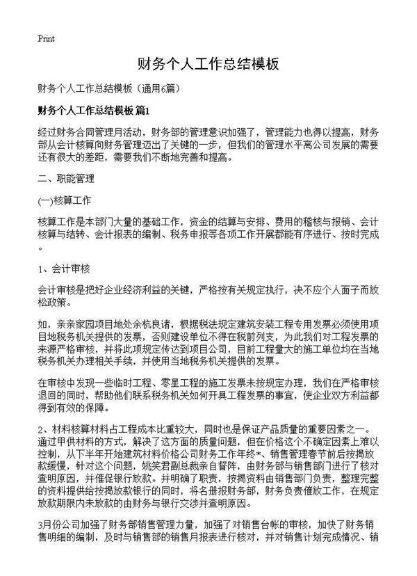 财务个人工作总结模板6篇