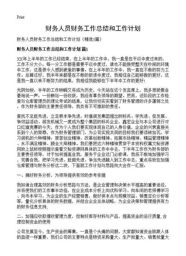 财务人员财务工作总结和工作计划5篇