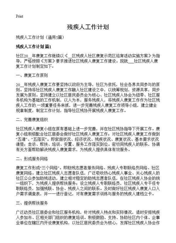 残疾人工作计划5篇