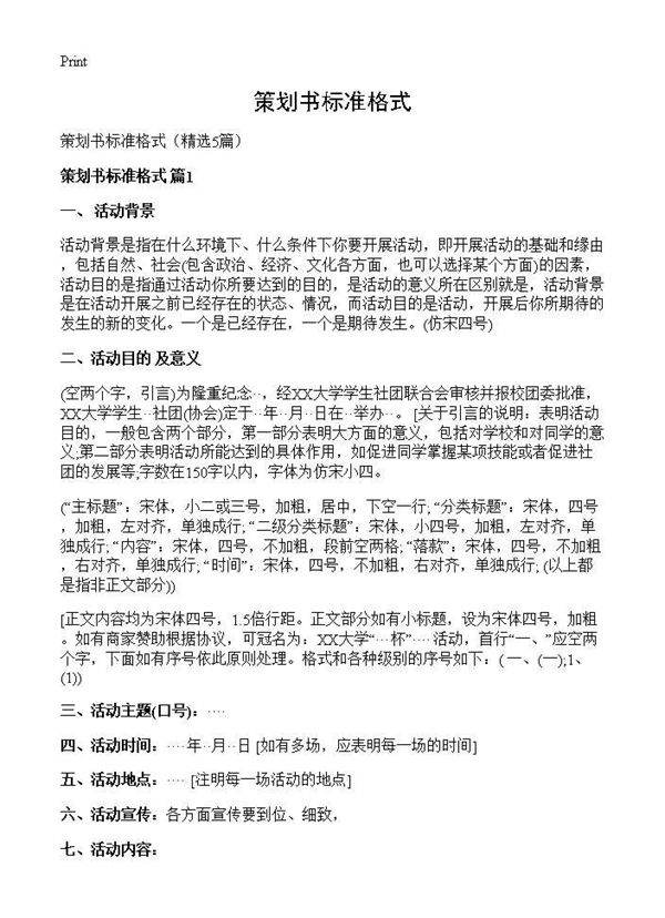 策划书标准格式5篇