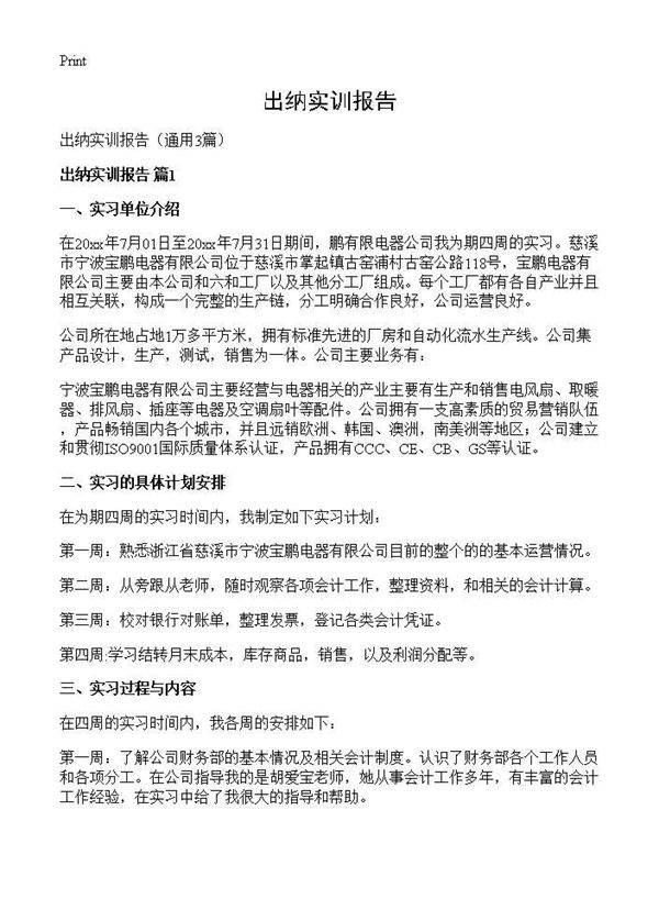 出纳实训报告3篇