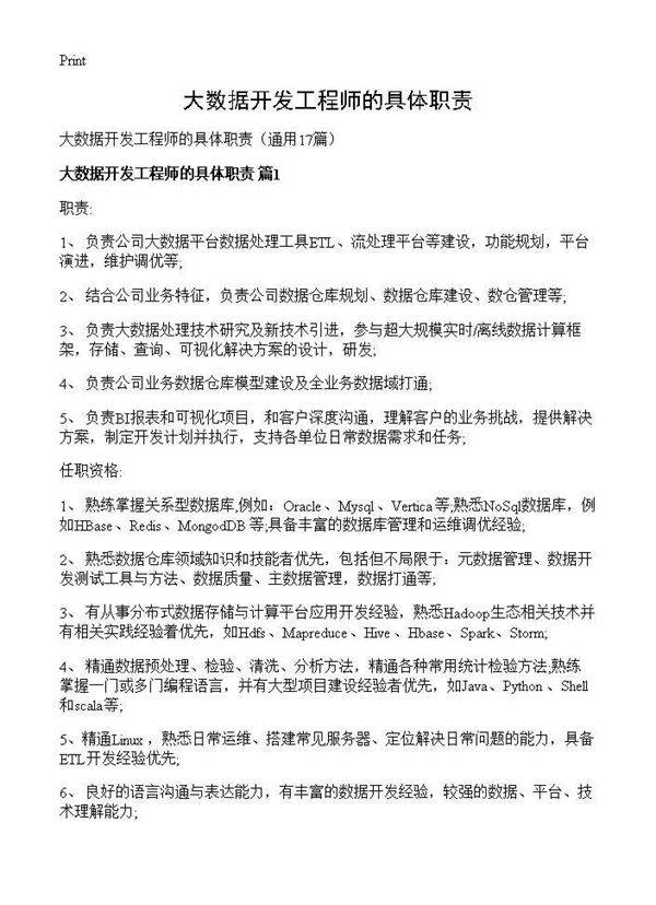 大数据开发工程师的具体职责17篇
