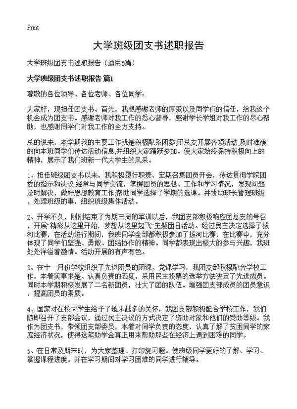 大学班级团支书述职报告5篇