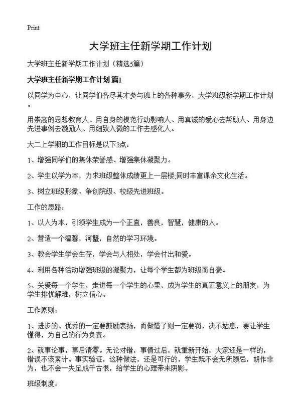 大学班主任新学期工作计划5篇