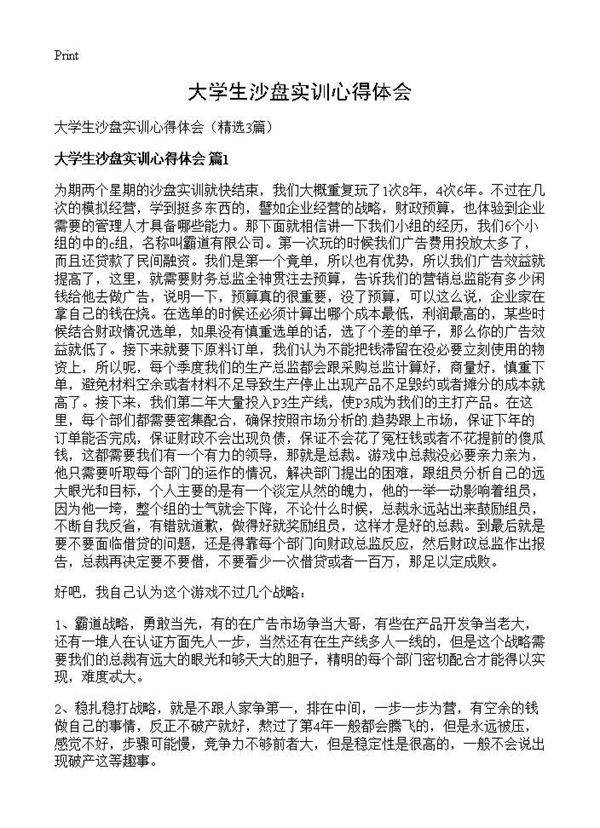 大学生沙盘实训心得体会3篇