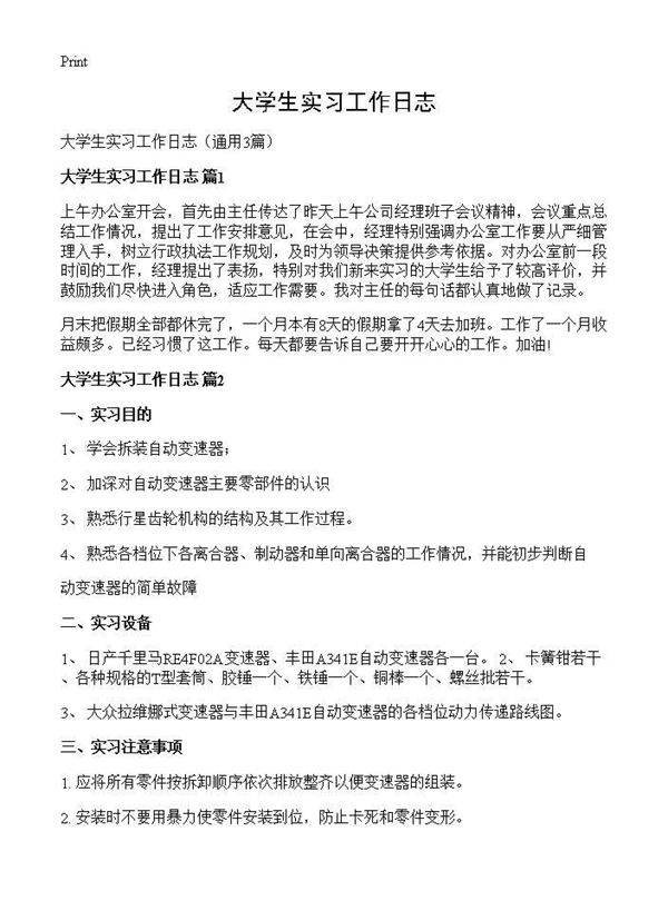 大学生实习工作日志3篇
