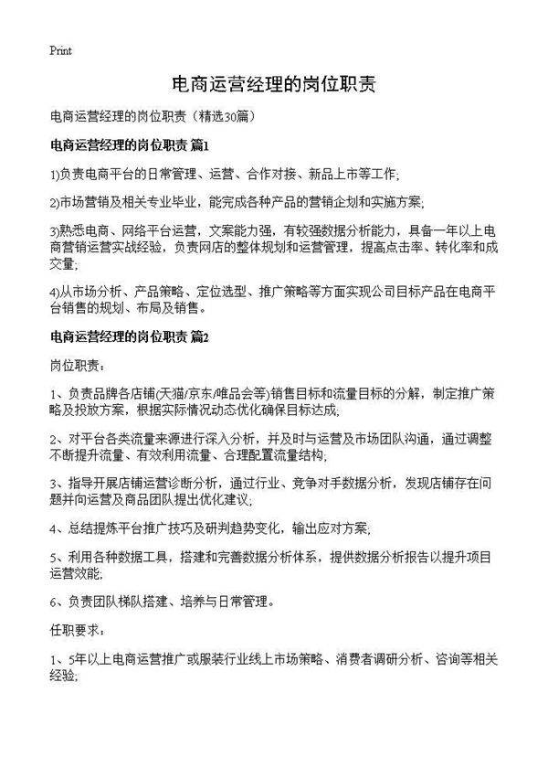 电商运营经理的岗位职责30篇