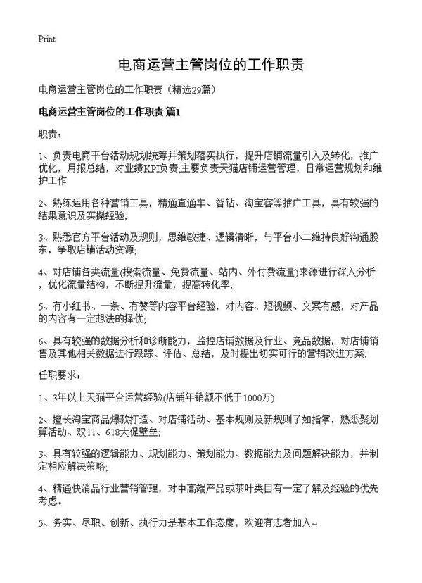 电商运营主管岗位的工作职责29篇