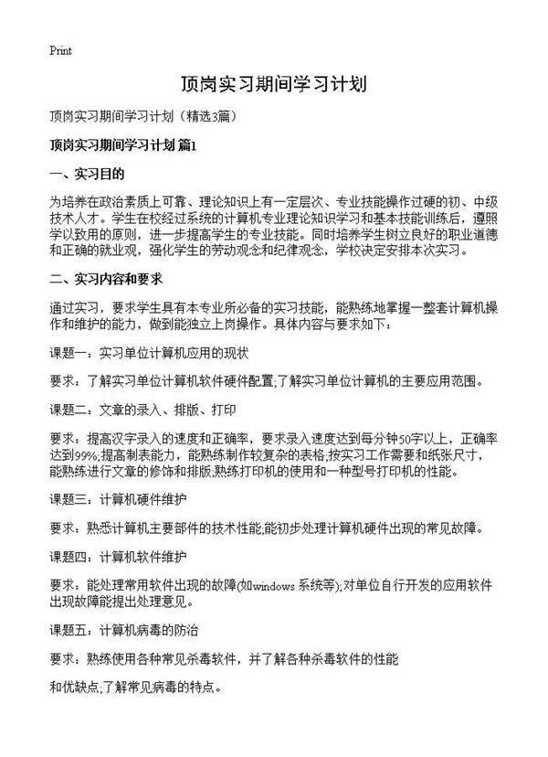 顶岗实习期间学习计划3篇