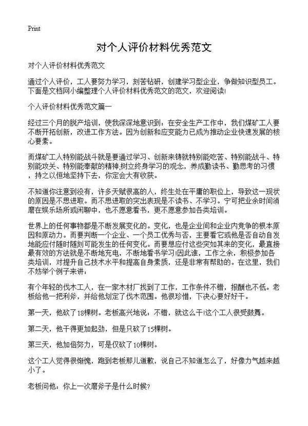 对个人评价材料优秀范文