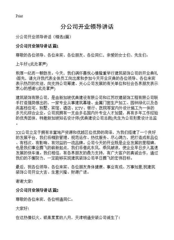 分公司开业领导讲话8篇