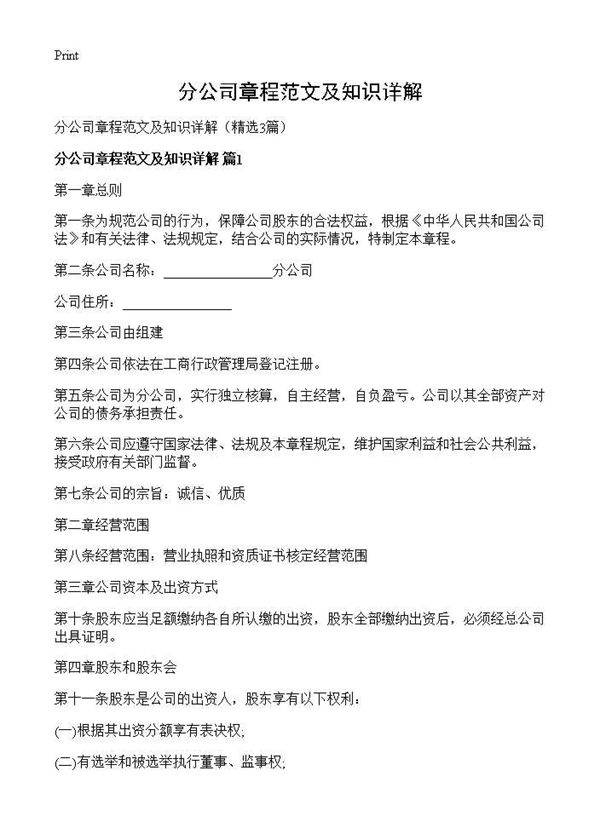 分公司章程范文及知识详解3篇