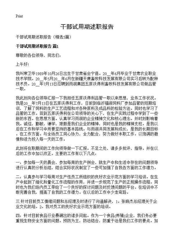 干部试用期述职报告5篇