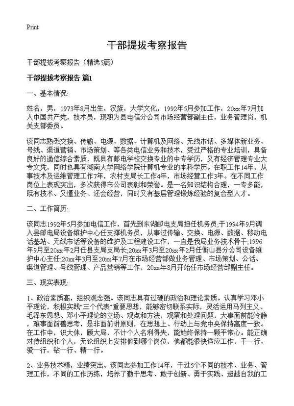 干部提拔考察报告5篇