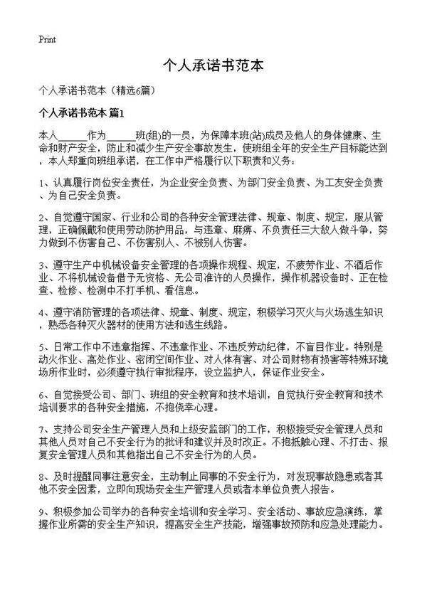 个人承诺书范本6篇