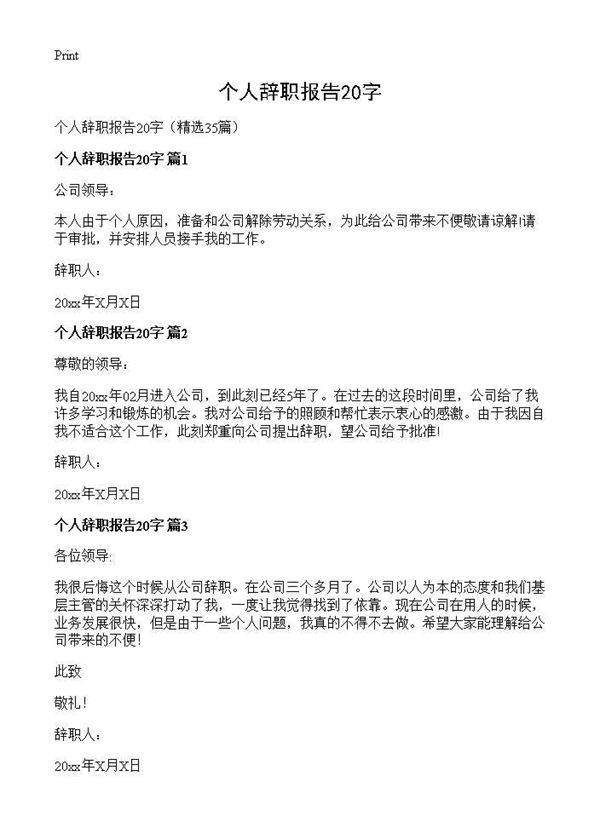 个人辞职报告20字35篇