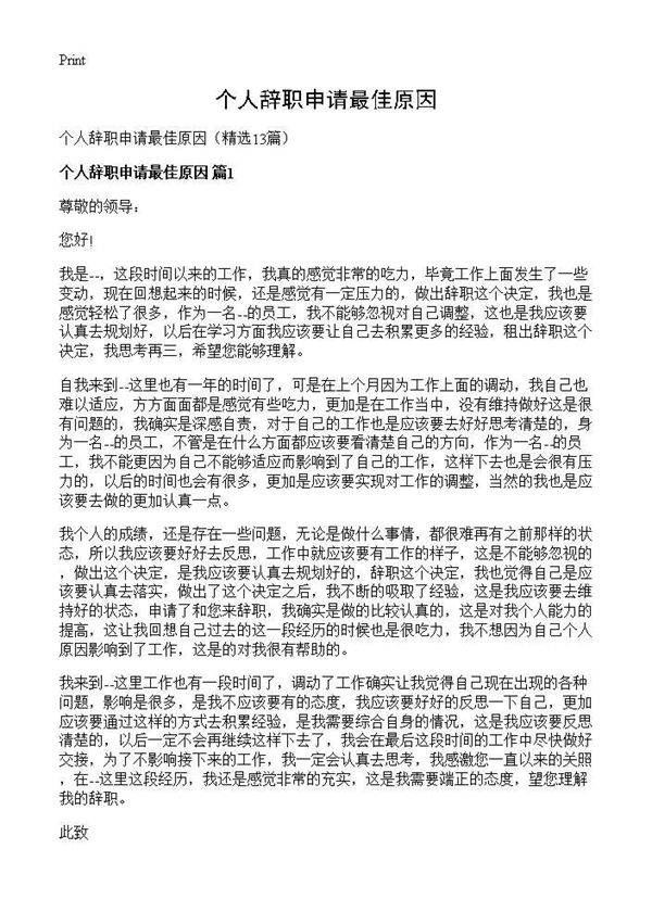 个人辞职申请最佳原因13篇