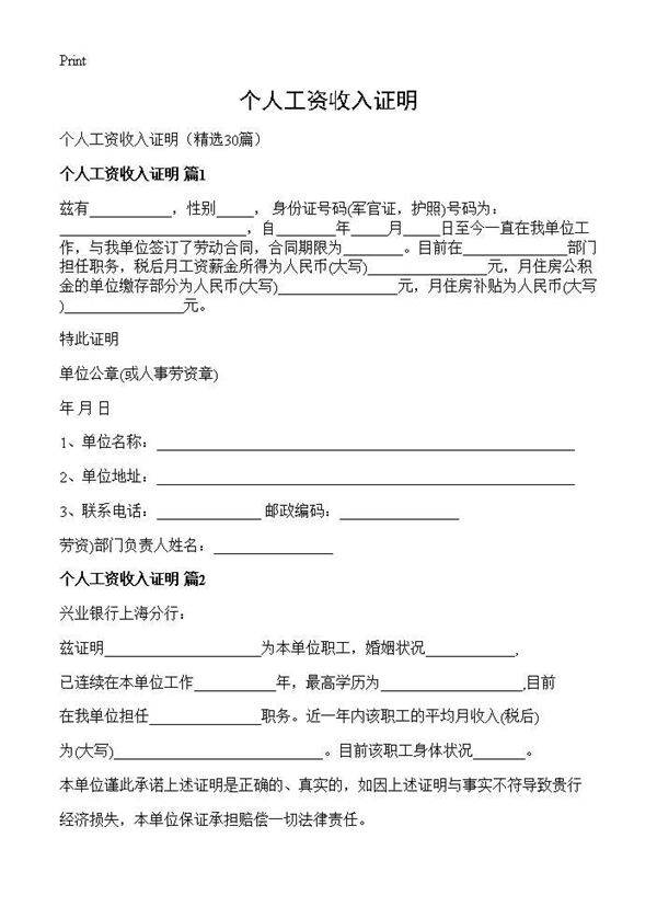 个人工资收入证明30篇