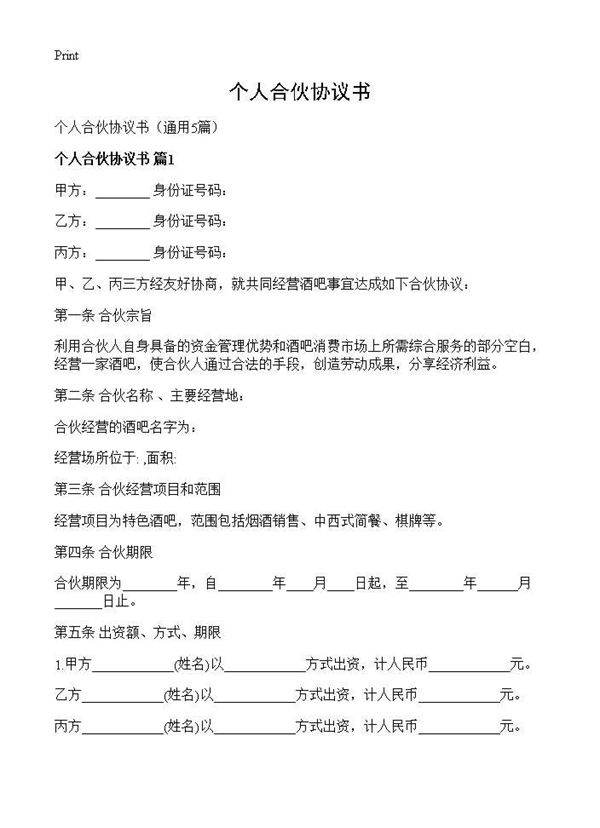 个人合伙协议书5篇