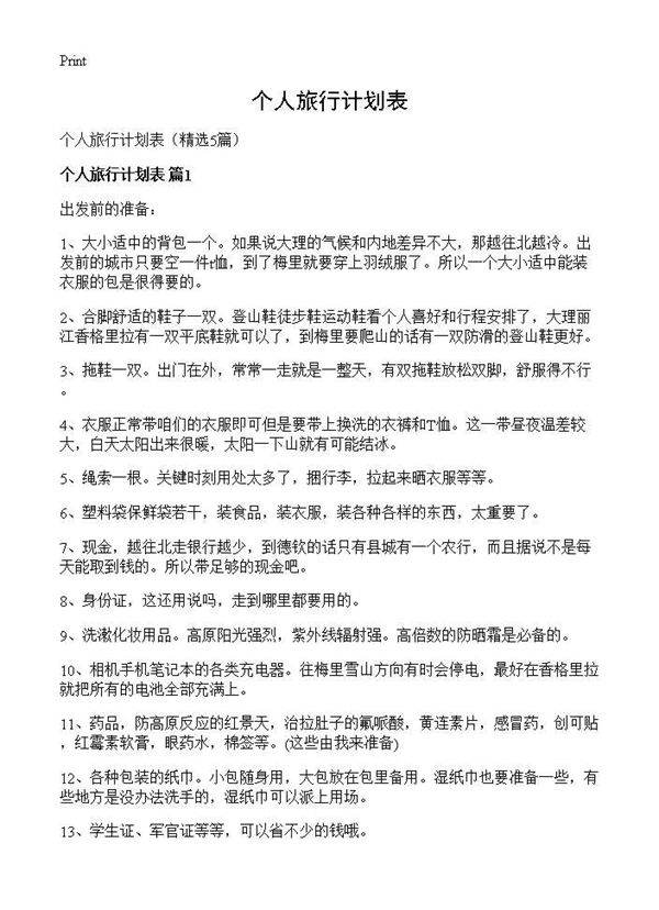 个人旅行计划表5篇