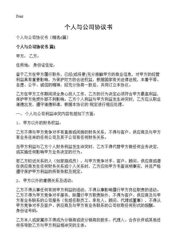 个人与公司协议书6篇