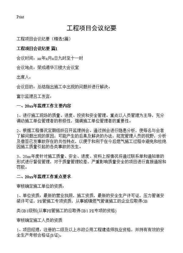 工程项目会议纪要5篇