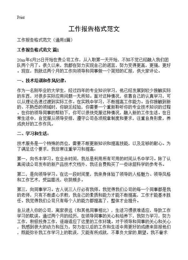 工作报告格式范文8篇