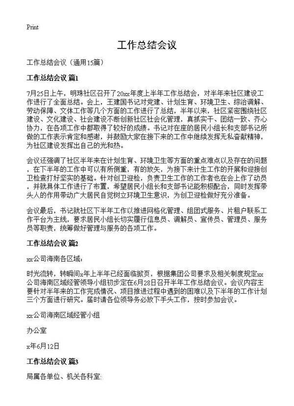 工作总结会议15篇