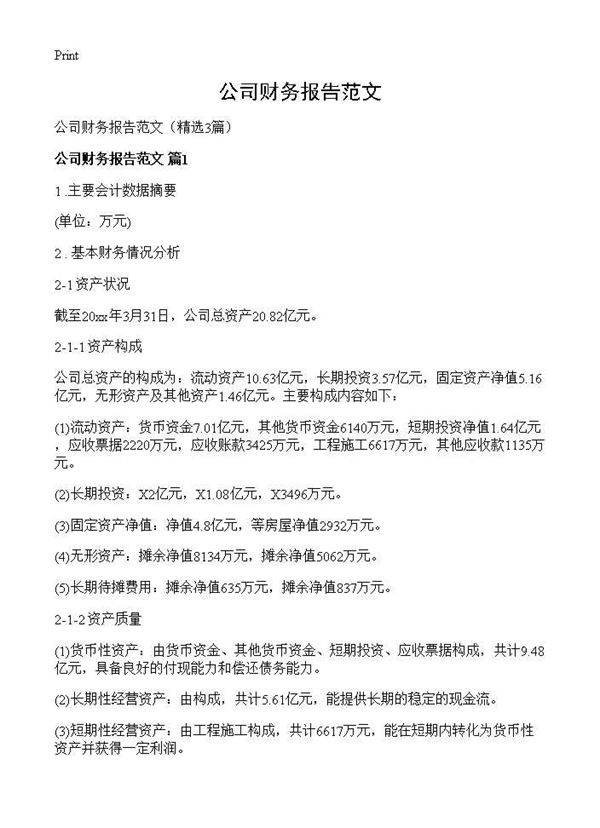 公司财务报告范文3篇