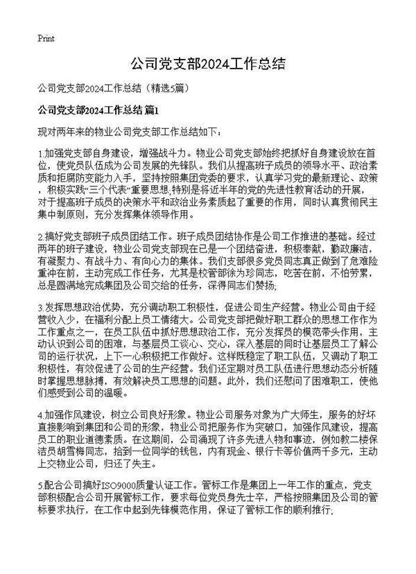 公司党支部2024工作总结5篇