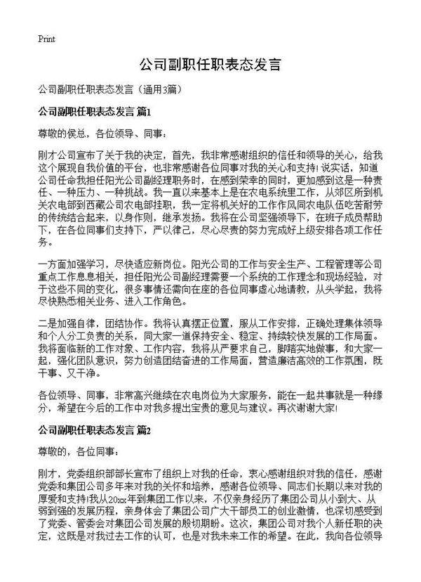 公司副职任职表态发言3篇