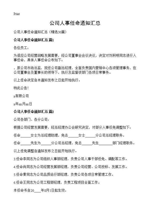 公司人事任命通知汇总30篇