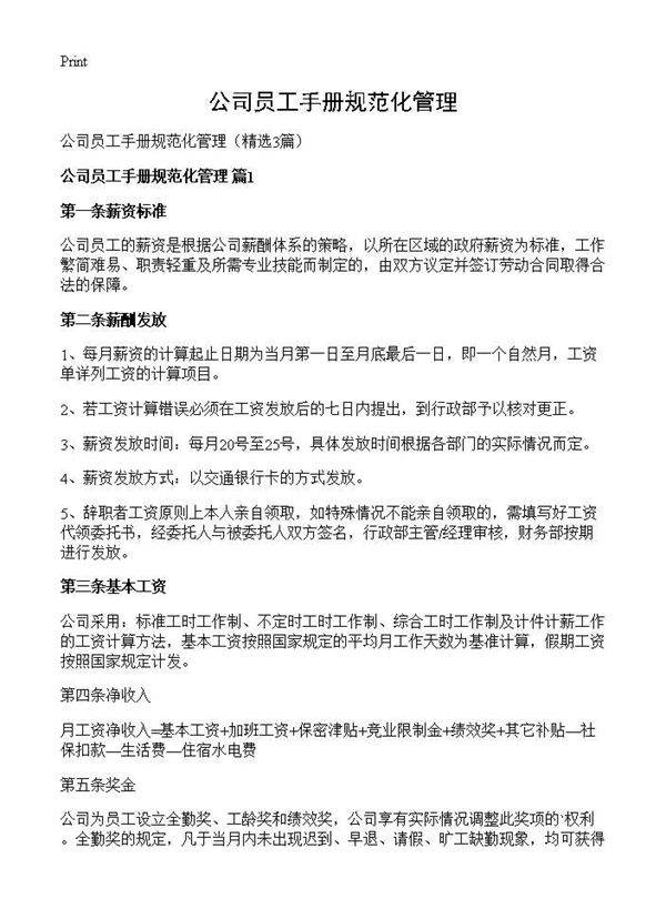 公司员工手册规范化管理3篇