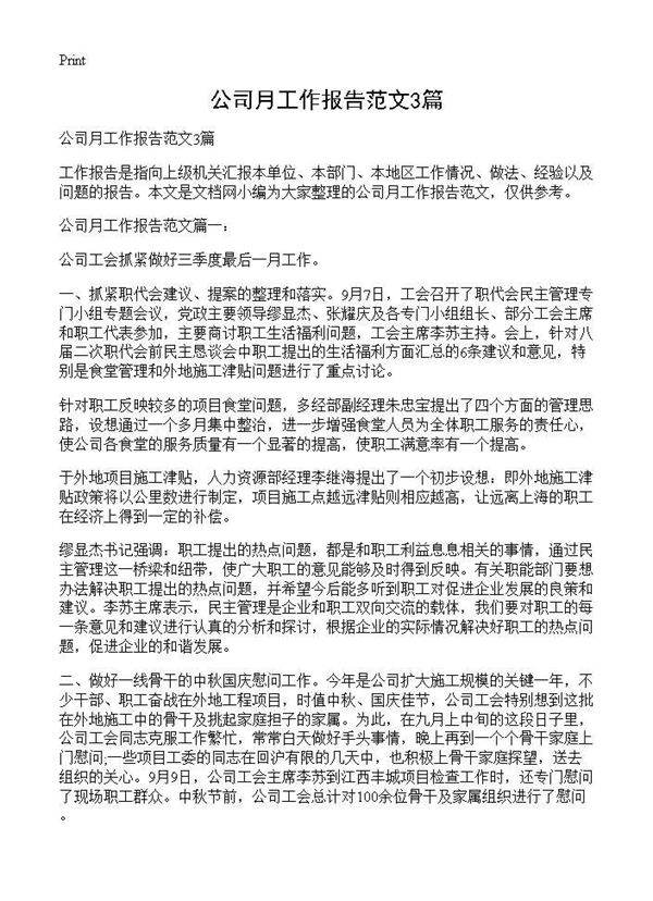 公司月工作报告范文3篇