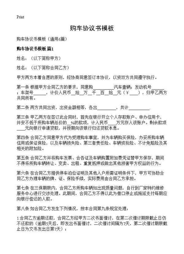 购车协议书模板6篇