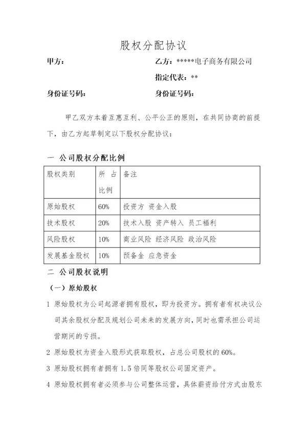 股权分配协议书范本免费