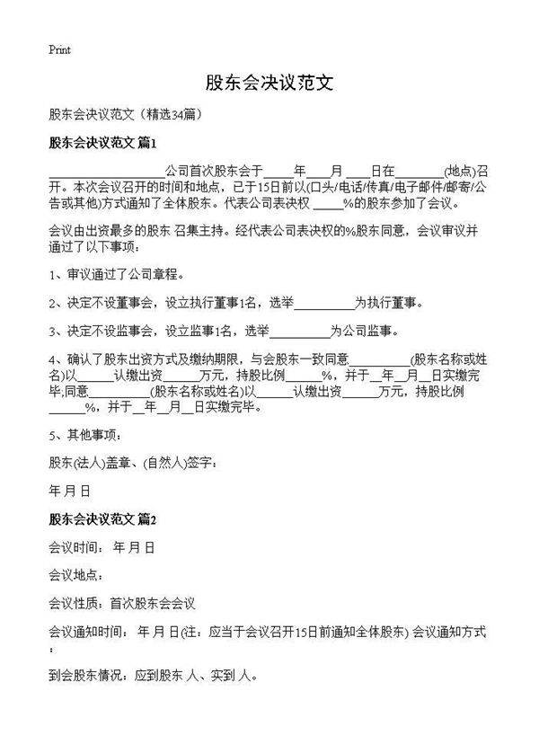 股东会决议范文34篇