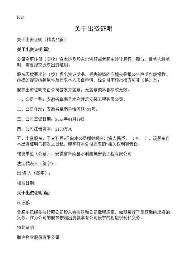 关于出资证明33篇
