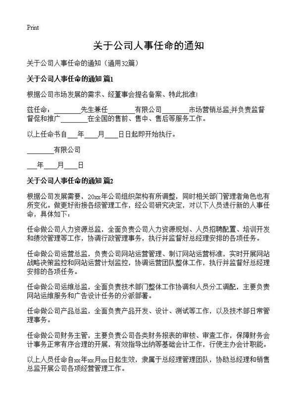 关于公司人事任命的通知32篇
