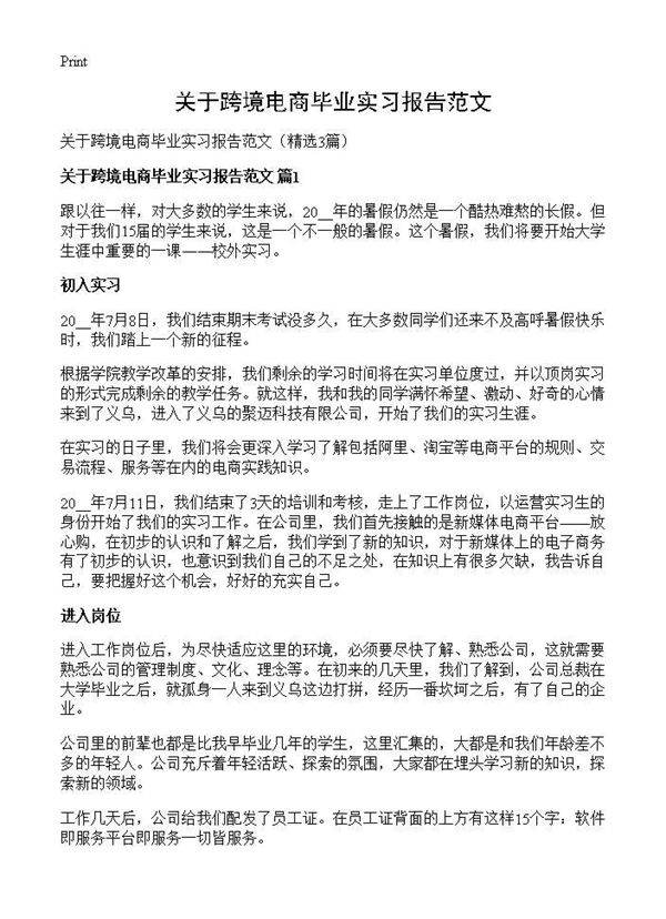 关于跨境电商毕业实习报告范文3篇