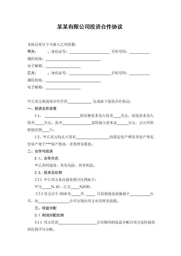 某某有限公司投资合作协议