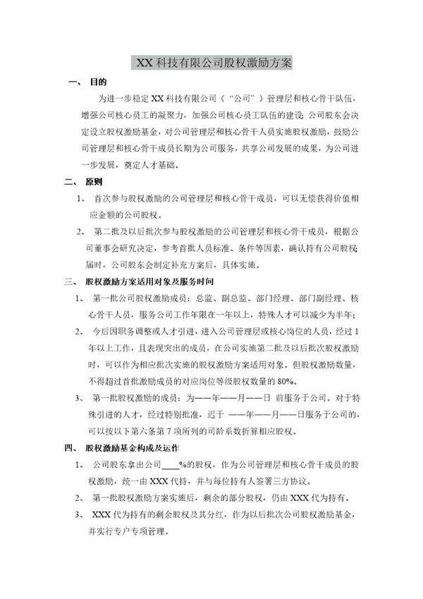 XX科技有限公司股权激励方案